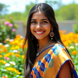A beautiful Indian girl with long black hair, wearing a vibrant traditional saree with intricate patterns in blue and gold