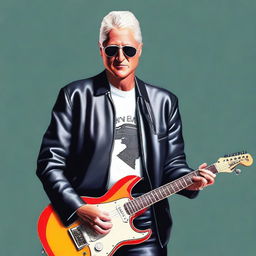 Create a version of Bill Clinton exuding coolness, he is wearing sunglasses, a leather jacket, and playing a sleek, electric guitar