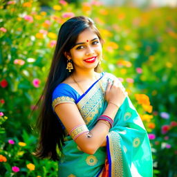 A beautiful Indian girl with long black hair, wearing a vibrant traditional saree with intricate patterns in blue and gold