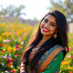 A beautiful Indian girl with long black hair, wearing a vibrant traditional saree with intricate patterns in blue and gold