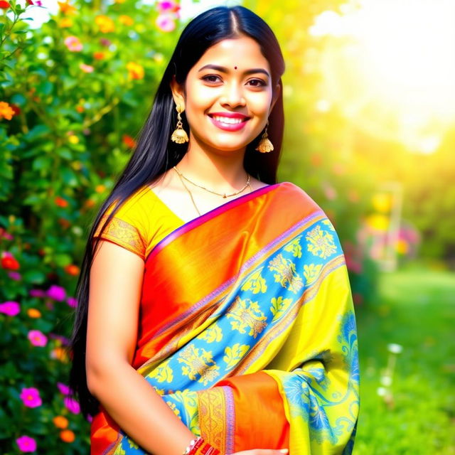 A beautiful Indian girl with long black hair, wearing a vibrant traditional saree with intricate patterns in blue and gold