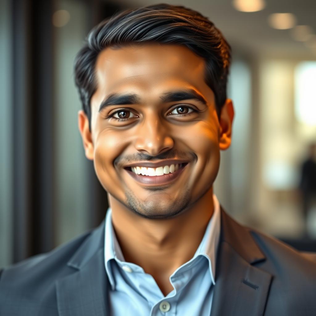 A very handsome Indian man aged 35 with a captivating smile, dressed in an executive outfit that reflects professionalism and charm