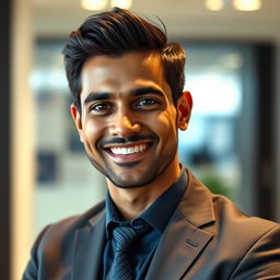A very handsome Indian man aged 35 with a captivating smile, dressed in an executive outfit that reflects professionalism and charm