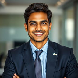 A very handsome Indian man aged 35 with a captivating smile, dressed in an executive outfit that reflects professionalism and charm
