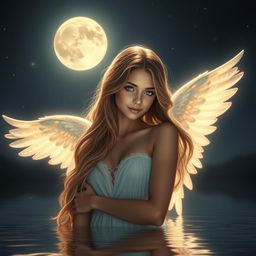 A stunningly beautiful girl with angelic features, illuminated by the soft, ethereal glow of moonlight