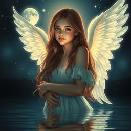 A stunningly beautiful girl with angelic features, illuminated by the soft, ethereal glow of moonlight