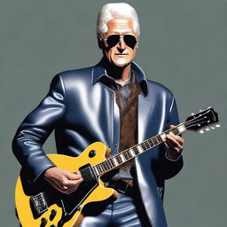 Create a version of Bill Clinton exuding coolness, he is wearing sunglasses, a leather jacket, and playing a sleek, electric guitar