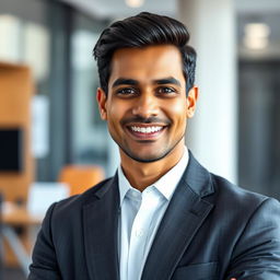 A very handsome Indian man aged 35 with a captivating smile, dressed in a sharp executive outfit that exudes professionalism and charisma