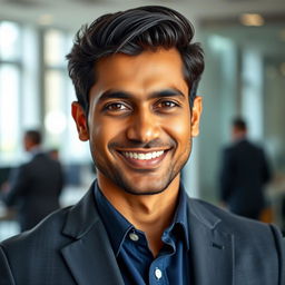 A very handsome Indian man aged 35 with a captivating smile, dressed in a sharp executive outfit that exudes professionalism and charisma