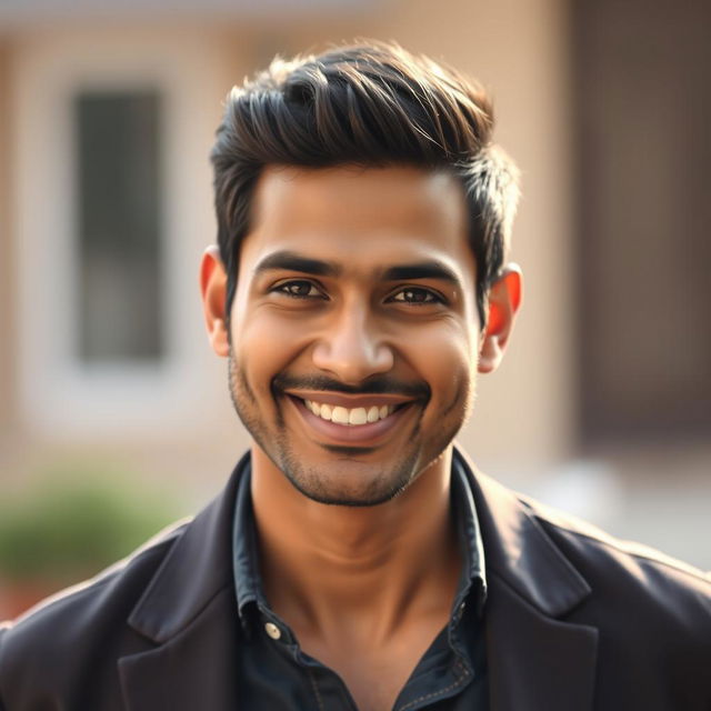 A very handsome Indian man aged 35 with an engaging smile