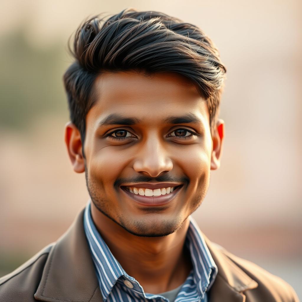 A very handsome Indian man aged 35 with an engaging smile