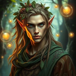 A striking portrait of a fantastical elf man with sharp features, pointed ears, and long flowing hair adorned with leaves and flowers