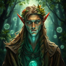 A striking portrait of a fantastical elf man with sharp features, pointed ears, and long flowing hair adorned with leaves and flowers