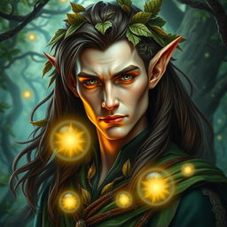 A striking portrait of a fantastical elf man with sharp features, pointed ears, and long flowing hair adorned with leaves and flowers