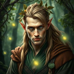A striking portrait of a fantastical elf man with sharp features, pointed ears, and long flowing hair adorned with leaves and flowers