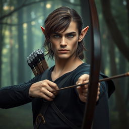 An elf man with medium length brown hair and captivating dark blue eyes, dressed in sleek dark clothing that complements his agile form