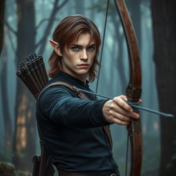 An elf man with medium length brown hair and captivating dark blue eyes, dressed in sleek dark clothing that complements his agile form