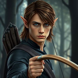 An elf man with medium length brown hair and captivating dark blue eyes, dressed in sleek dark clothing that complements his agile form