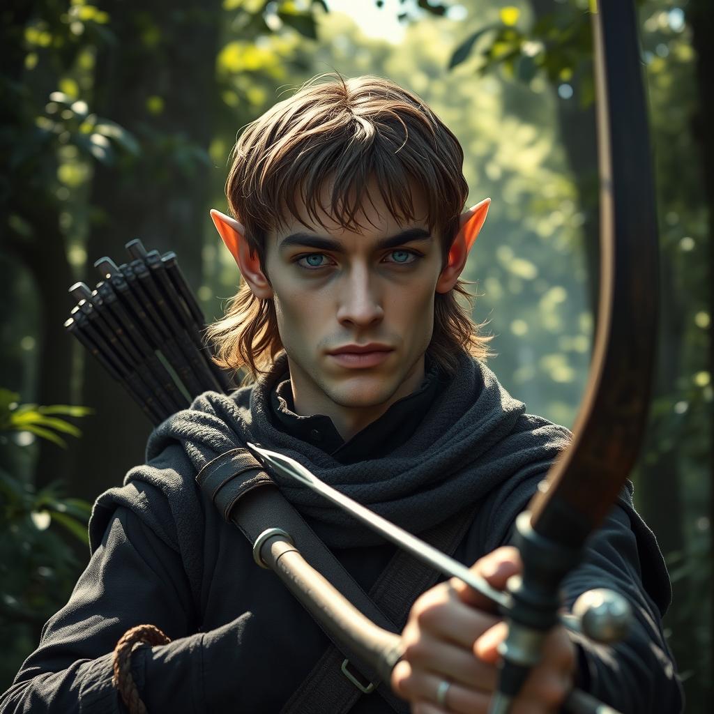 An elf man, approximately 30 years old, with medium length brown hair and striking dark blue eyes