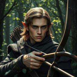 An elf man, approximately 30 years old, with medium length brown hair and striking dark blue eyes