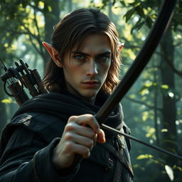 An elf man, approximately 30 years old, with medium length brown hair and striking dark blue eyes