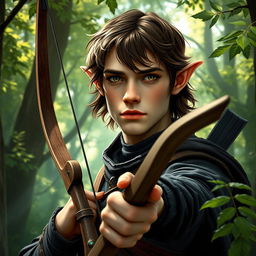 An elf man, approximately 30 years old, with medium length brown hair and striking dark blue eyes