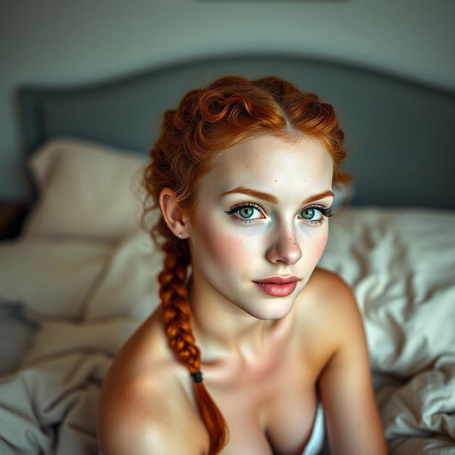 A 26-year-old woman with vibrant red curly hair styled in playful braids, adorned with charming freckles scattered across her fair complexion