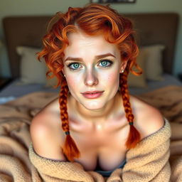 A 26-year-old woman with vibrant red curly hair styled in playful braids, adorned with charming freckles scattered across her fair complexion