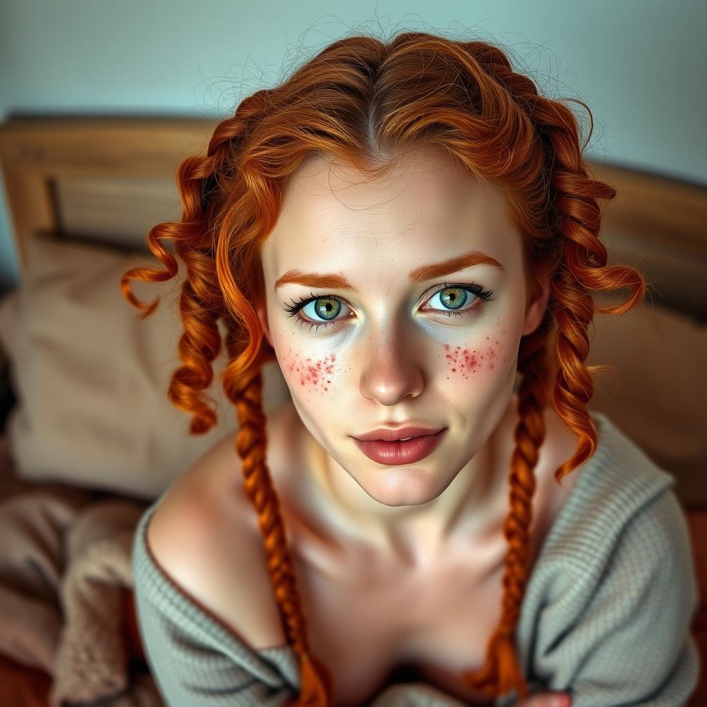 A 26-year-old woman with vibrant red curly hair styled in playful braids, adorned with charming freckles scattered across her fair complexion