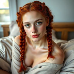 A 26-year-old woman with vibrant red curly hair styled in playful braids, adorned with charming freckles scattered across her fair complexion