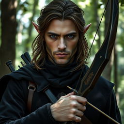 An elf man, approximately 40 years old, with medium length brown hair and deep, dark blue eyes that exude wisdom and experience