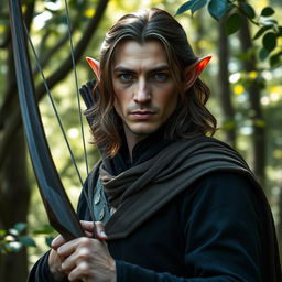 An elf man, approximately 40 years old, with medium length brown hair and deep, dark blue eyes that exude wisdom and experience