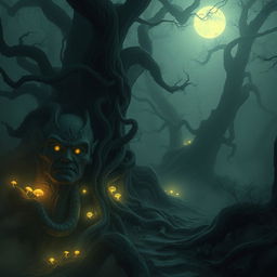 A dark, haunting forest filled with ancient, twisted trees and dense fog