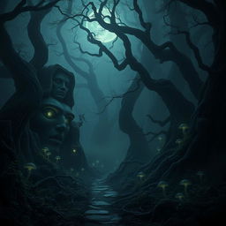 A dark, haunting forest filled with ancient, twisted trees and dense fog