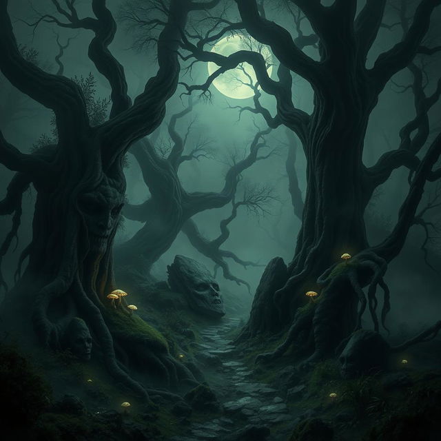 A dark, haunting forest filled with ancient, twisted trees and dense fog