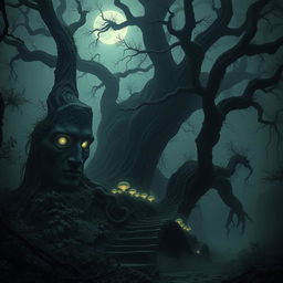 A dark, haunting forest filled with ancient, twisted trees and dense fog