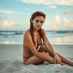 A beautiful 28-year-old woman with striking red curly hair styled in braids, her skin adorned with charming freckles, is sitting gracefully on a sandy beach