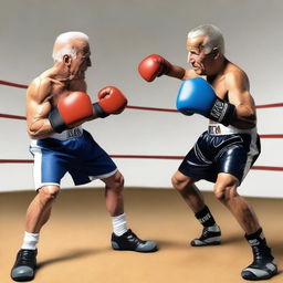 Produce an amusing image of Joe Biden and Obama wearing boxing gloves and gear, engaged in a friendly boxing match.