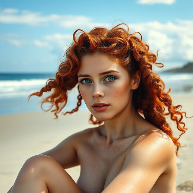 A beautiful 28-year-old woman with striking red curly hair styled in braids, her skin adorned with charming freckles, is sitting gracefully on a sandy beach