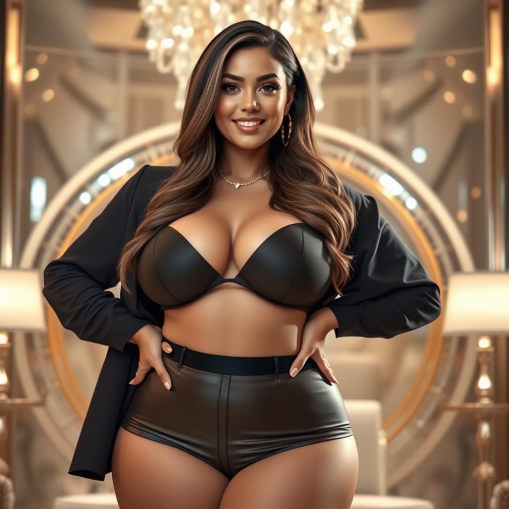 A beautiful woman with exaggerated proportions showcasing her curvy figure, wearing a stylish outfit that accentuates her ample breasts, set against a glamorous backdrop