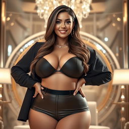 A beautiful woman with exaggerated proportions showcasing her curvy figure, wearing a stylish outfit that accentuates her ample breasts, set against a glamorous backdrop