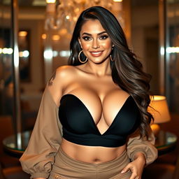 A beautiful woman with exaggerated proportions showcasing her curvy figure, wearing a stylish outfit that accentuates her ample breasts, set against a glamorous backdrop