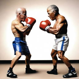 Produce an amusing image of Joe Biden and Obama wearing boxing gloves and gear, engaged in a friendly boxing match.