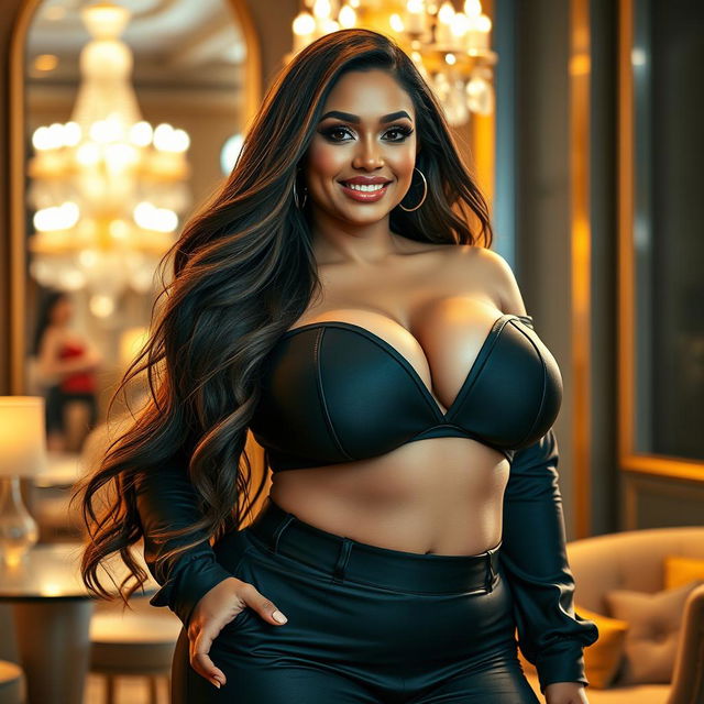 A beautiful woman with exaggerated proportions showcasing her curvy figure, wearing a stylish outfit that accentuates her ample breasts, set against a glamorous backdrop