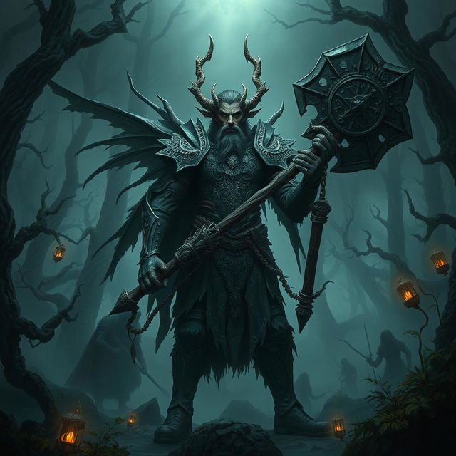 A powerful male forest fae warrior, embodying the essence of an old god, stands in a dark and twisted nightmare forest