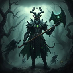 A powerful male forest fae warrior, embodying the essence of an old god, stands in a dark and twisted nightmare forest