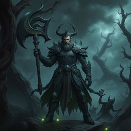 A powerful male forest fae warrior, embodying the essence of an old god, stands in a dark and twisted nightmare forest