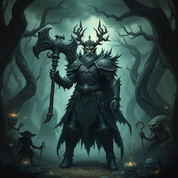 A powerful male forest fae warrior, embodying the essence of an old god, stands in a dark and twisted nightmare forest