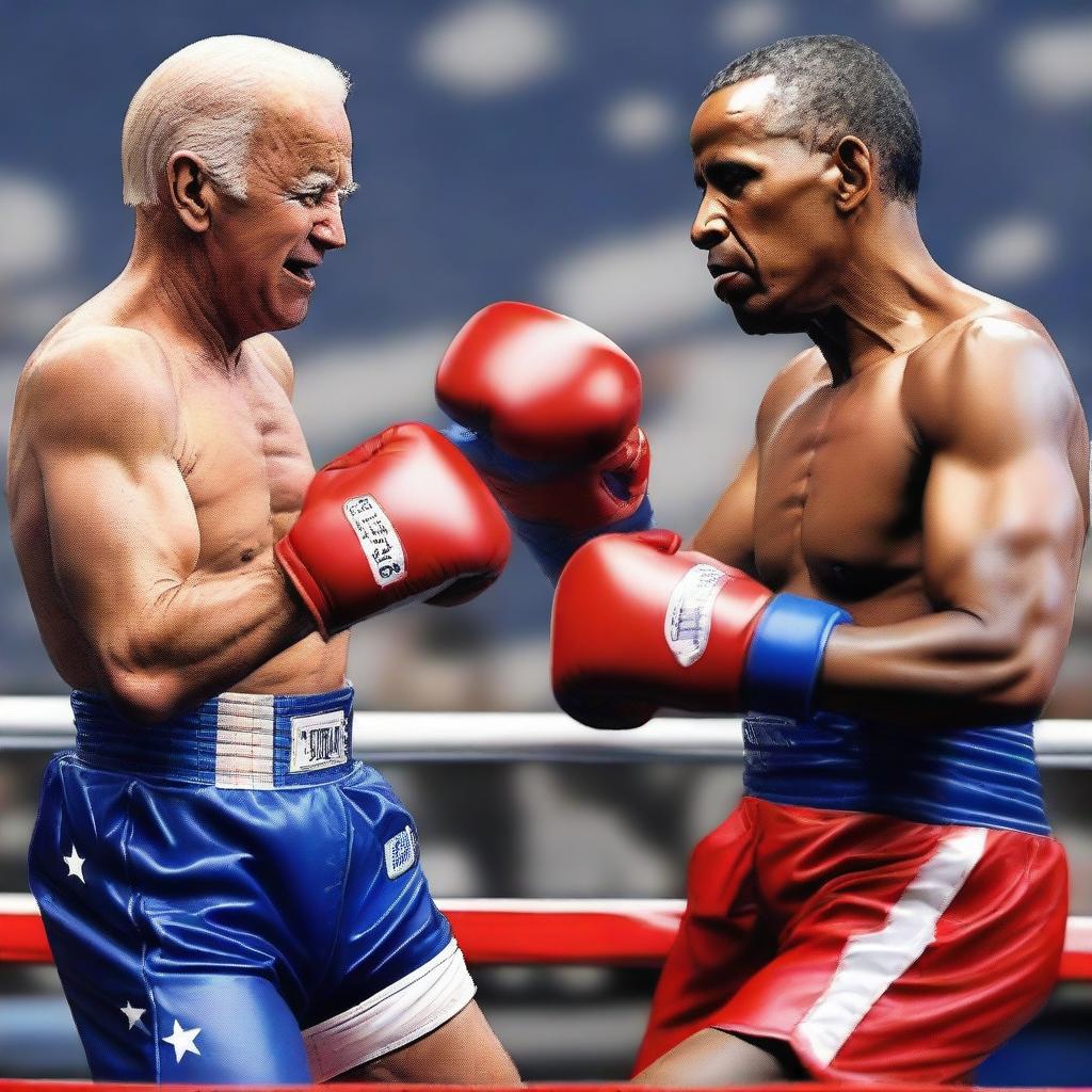 Produce an amusing image of Joe Biden and Obama wearing boxing gloves and gear, engaged in a friendly boxing match.