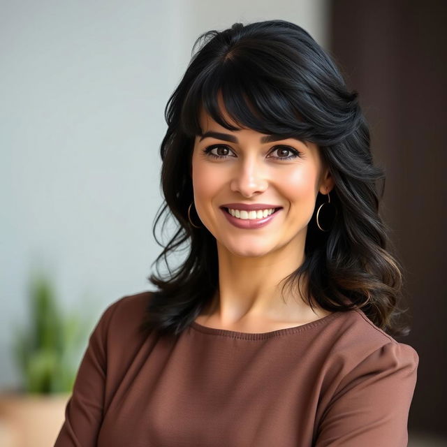 A 36-year-old woman with Italian features, captured in a half-length photograph